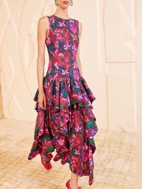 Ulla Johnson Mural Floral Tiered Ruffle Midi Dress Hibiscus Magenta - Size 0